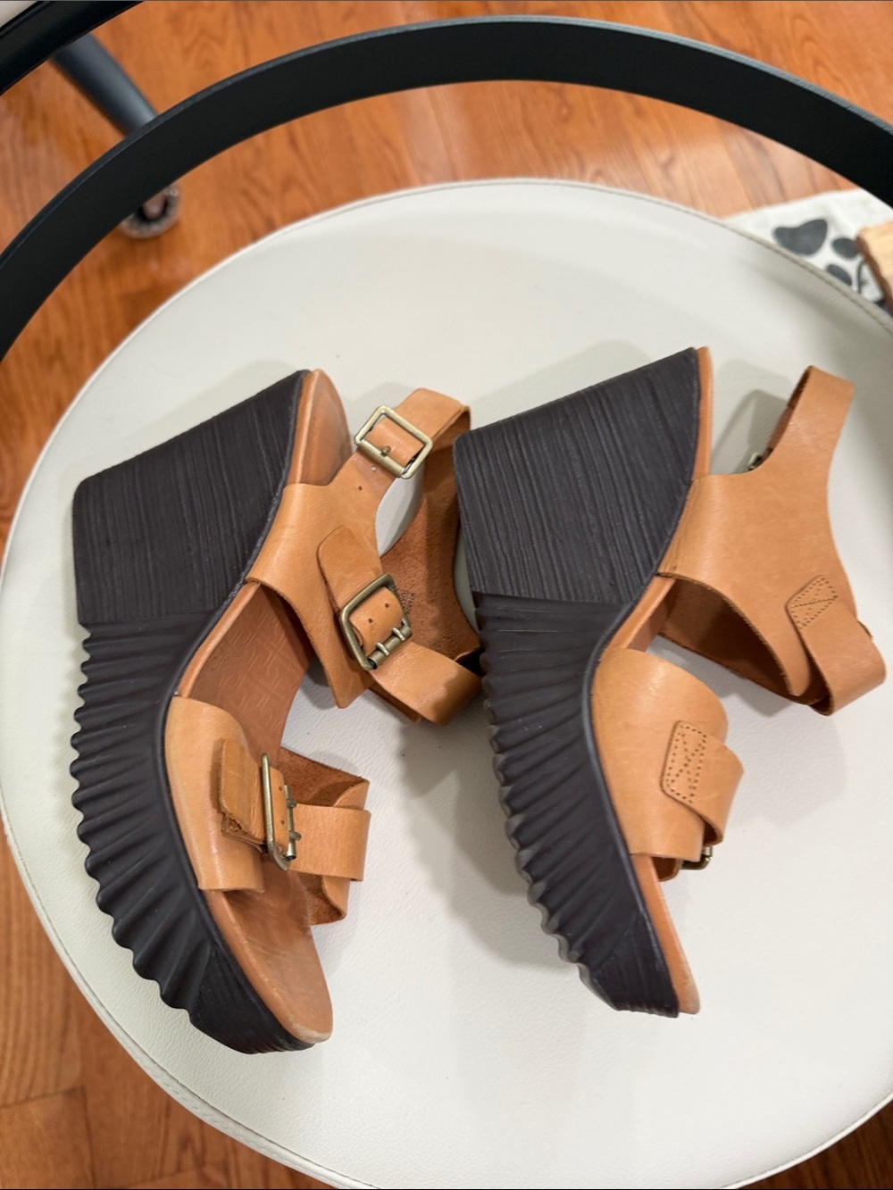 Rockport Tan Leather Wedge Sandals with Black Platform Shoes